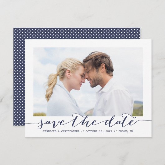 Ankündigung eines Navy-Script-Foto- Save the Date (Vorne/Hinten)