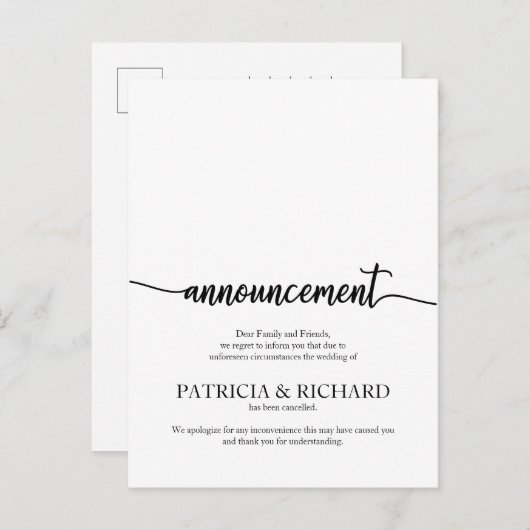 Ankündigung storniert Hochzeit Elegante Kalligraph Postkarte (Vorne/Hinten)