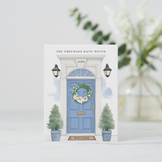 Ankündigung über den Umzug der blauen Vordertür Postkarte (Stehend Vorderseite)