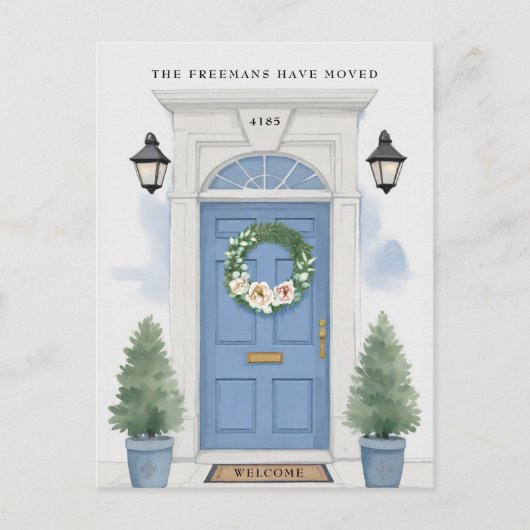 Ankündigung über den Umzug der blauen Vordertür Postkarte (Vorderseite)