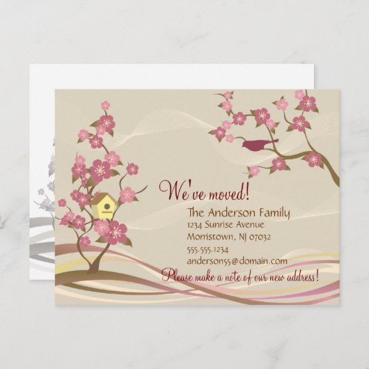 Ankündigung über den Umzug des Vogelhauses Postkar (Vorne/Hinten)