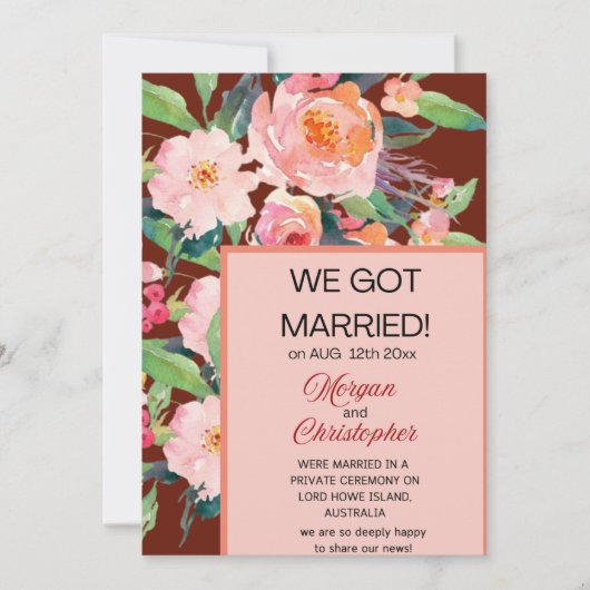 Ankündigung von Aquarellblumen "Just Married" (Vorderseite)