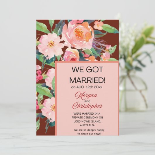 Ankündigung von Aquarellblumen "Just Married" (Stehend Vorderseite)