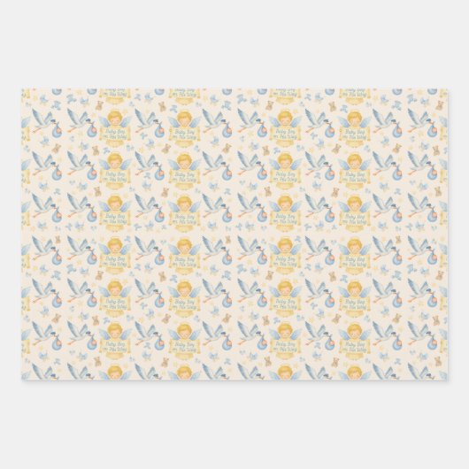 Ankündigung von Baby Boy Angel Stork Geschenkpapier Set (Vorderseite)
