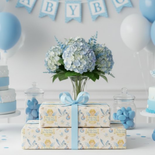 Ankündigung von Baby Boy Angel Stork Geschenkpapier Set