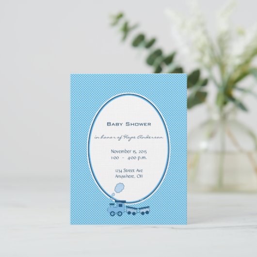 Ankündigung von Baby Boy Blue Dot Train Dusche (Stehend Vorderseite)