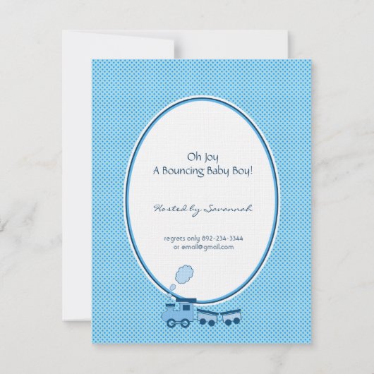 Ankündigung von Baby Boy Blue Dot Train Dusche (Rückseite)