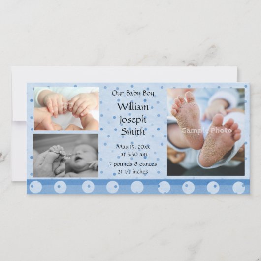 Ankündigung von Baby Boy Blue Polka Dot Foto Card (Vorderseite)