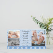 Ankündigung von Baby Boy Blue Polka Dot Foto Card (Stehend Vorderseite)