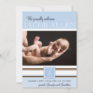Ankündigung von Blue and Brown Monogram Boy Baby
