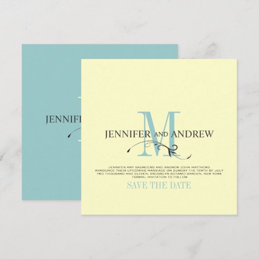 Ankündigung von Blue Cream Save the Date Monogram (Vorne/Hinten)