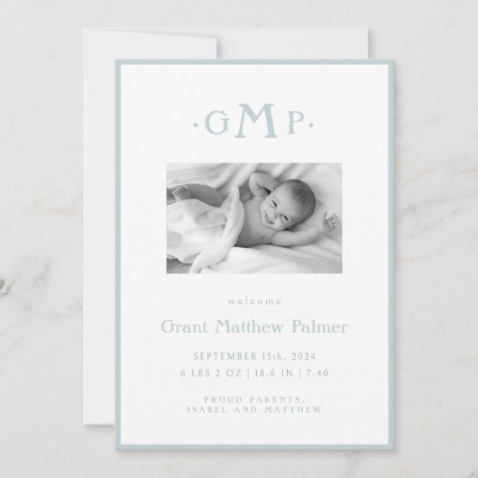 Ankündigung von Blue Monogram Boy Baby (Vorderseite)