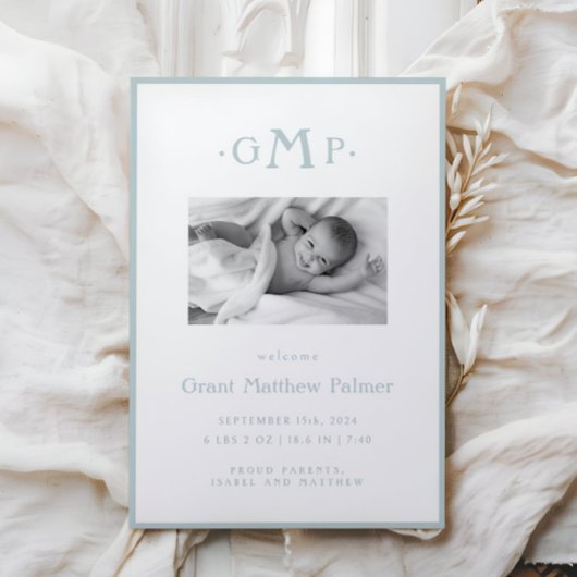 Ankündigung von Blue Monogram Boy Baby