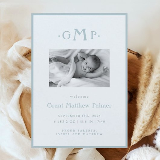 Ankündigung von Blue Monogram Boy Baby