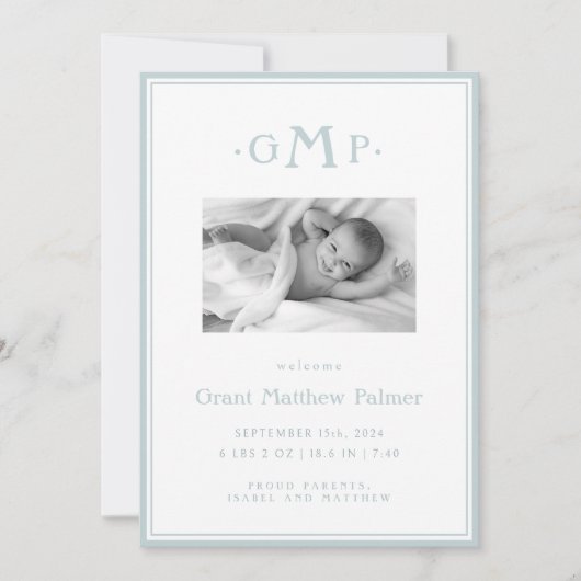 Ankündigung von Blue Monogram Boy Baby (Vorderseite)