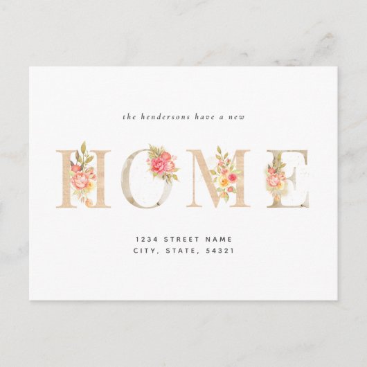 Ankündigung von Blumenarbeit für neue Zuhause Postkarte (Vorderseite)
