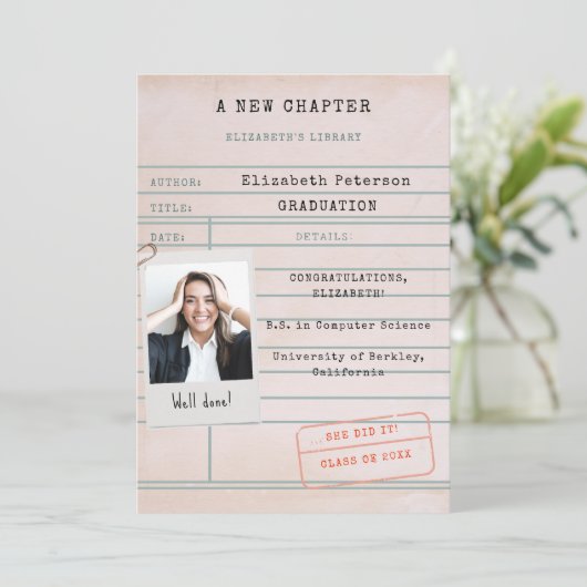 Ankündigung von Book Library Card Foto Abschluss (Stehend Vorderseite)