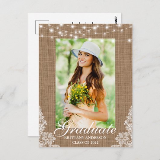 Ankündigung von Burlap Lace Lights Foto Abschluss Postkarte (Vorne/Hinten)