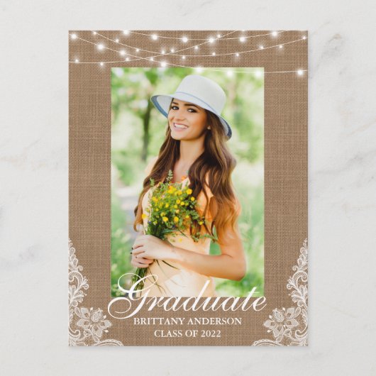 Ankündigung von Burlap Lace Lights Foto Abschluss Postkarte (Vorderseite)