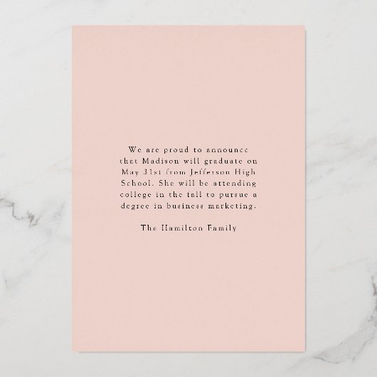 Ankündigung von Elegante Rose Foil Script Abschlus (Rückseite)