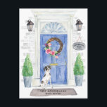 Ankündigung von englischer Pointer Motion Postcard Postkarte<br><div class="desc">Mit unserer stilvollen Ankündigung kündigen Sie Ihre neue Adresse an: englischer Pointer,  blaue Haustür,  Begrüßungstür,  Schiefer-Schild,  Topiaries und ein blumengeschmücktes Set auf grauem Backstein.</div>