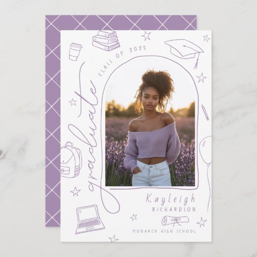 Ankündigung von Foto-Abschluss mit lila Hand (Vorne/Hinten)