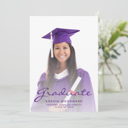 Ankündigung von Foto Lila Script Abschluss (Stehend Vorderseite)