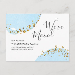 Ankündigung von Gold Blue Watercolor Moving Postkarte