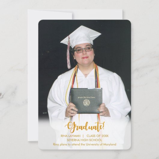 Ankündigung von Gold Text Graduate Foto Abschluss (Vorderseite)