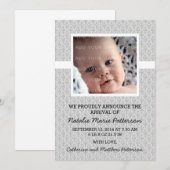 Ankündigung von Gray Damask Frame Foto Baby (Vorne/Hinten)