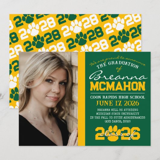 Ankündigung von Green & Gold Paw Print Abschluss (Vorne/Hinten)