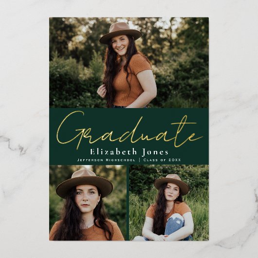 Ankündigung von Green Script Abschluss Foto Foil (Vorderseite)