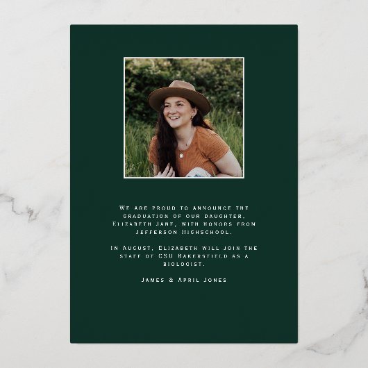 Ankündigung von Green Script Abschluss Foto Foil (Rückseite)