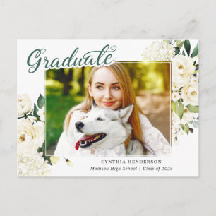 Ankündigung von Greenery White Floral Abschluss Postkarte