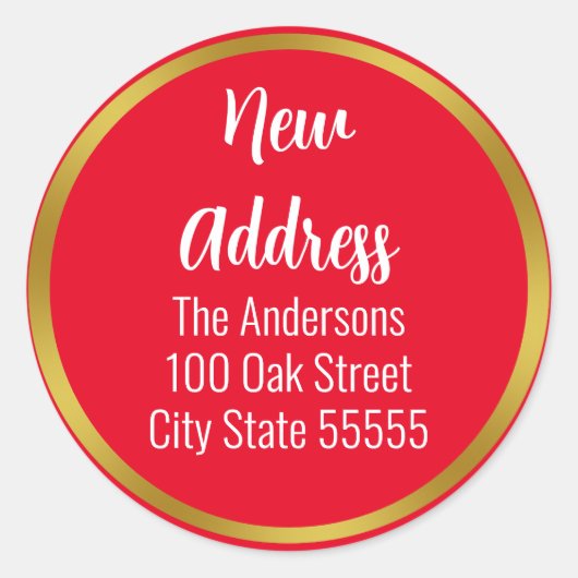 Ankündigung von Holiday Red White and Gold Moving Runder Aufkleber (Vorderseite)