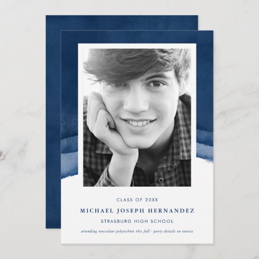 Ankündigung von Indigo Watercolor Abschluss Foto (Vorne/Hinten)