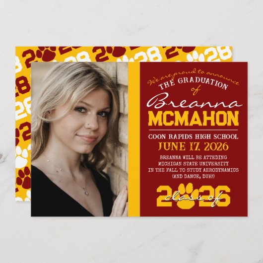 Ankündigung von Maroon & Gold Paw Print Abschluss (Vorne/Hinten)