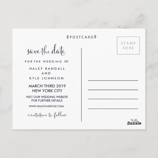 Ankündigung von Navy Blue Save the Date Typografie Postkarte (Rückseite)