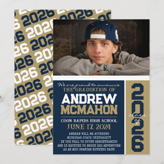 Ankündigung von Navy & Bronze Modern Abschluss Fot (Vorne/Hinten)