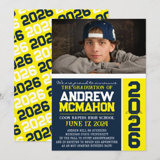 Ankündigung von Navy & Yellow Modern Abschluss Fot (Vorne/Hinten)