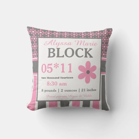 Ankündigung von Pink Grey Floral Baby Pillow Kissen (Vorderseite)