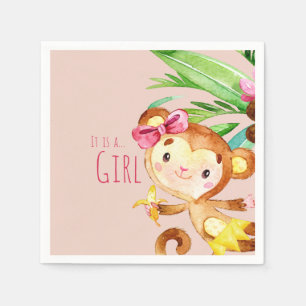 Ankündigung von Pink Niedlich Monkey Baby Girl Serviette