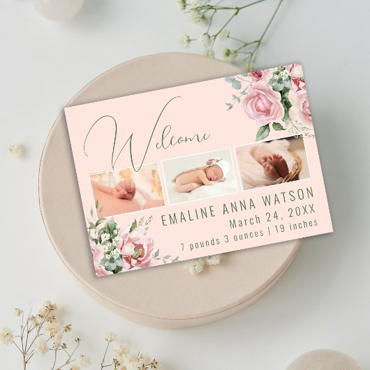 Ankündigung von Pink und Green Floral Foto Baby