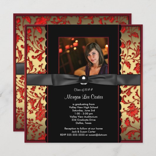 Ankündigung von Red Black Damask Foto Abschluss (Vorne/Hinten)