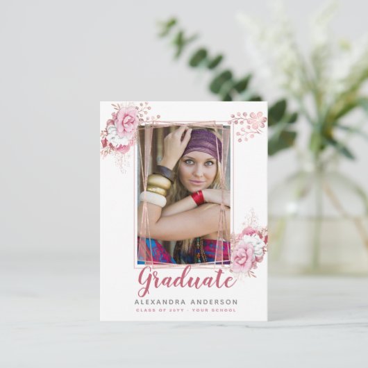 Ankündigung von Rose Gold Geometric Foto Abschluss Postkarte (Stehend Vorderseite)