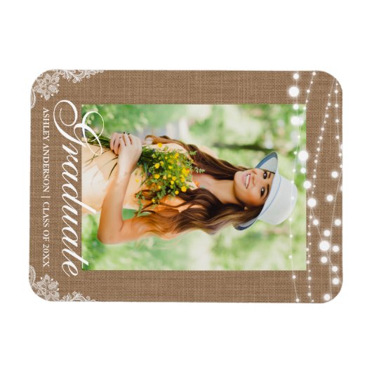 Ankündigung von Rustic Burlap Lights Lace Abschlus Magnet (Horizontal)