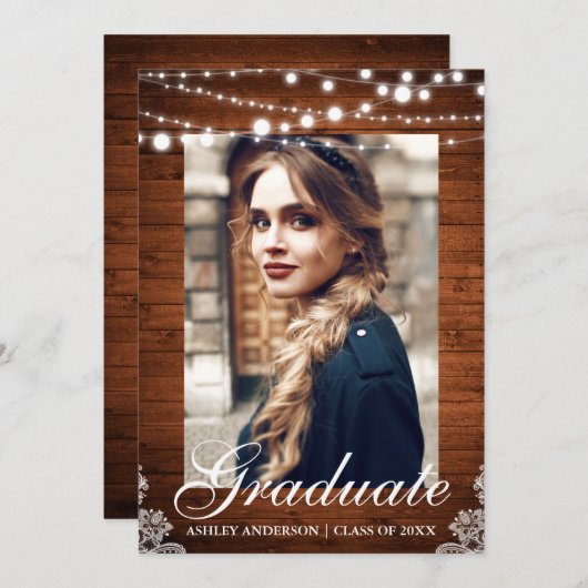 Ankündigung von Rustic Wood Lights Lace Abschluss (Vorne/Hinten)