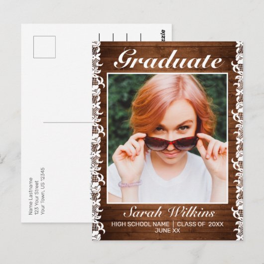 Ankündigung von Rustikal Wood & White Lace Abschlu Postkarte (Vorne/Hinten)