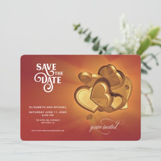 Ankündigung von Save the Date-Gold-Herzen (Version (Stehend Vorderseite)