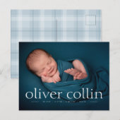 Ankündigung von Simple Baby Boy Birth Foto Postcar (Vorne/Hinten)